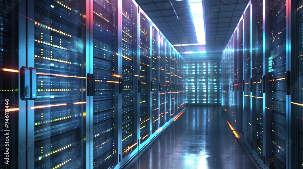 Poster Data center server room with rows of rack-mounted equipment in a three-dimensional space. Computer hardware and networking infrastructure for storing and processing data.