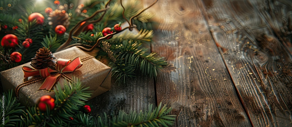 Poster gift and fir branches on a wooden surface. copy space image. place for adding text and design