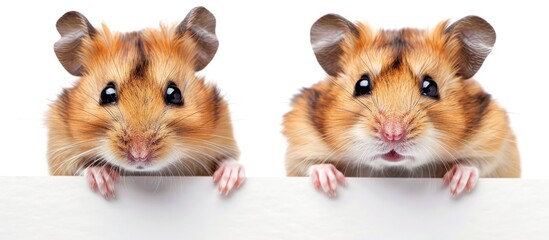 Fototapeta premium Two adorable hamsters holding a blank poster in their paws close up against a white background. Copy space image. Place for adding text and design