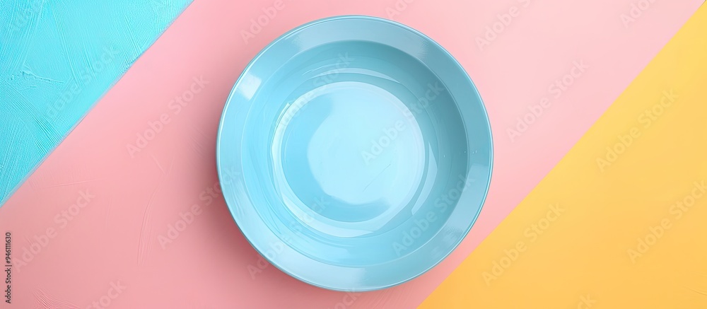 Poster abstract top view of a contemporary blue plate on a colorful background. copy space image. place for