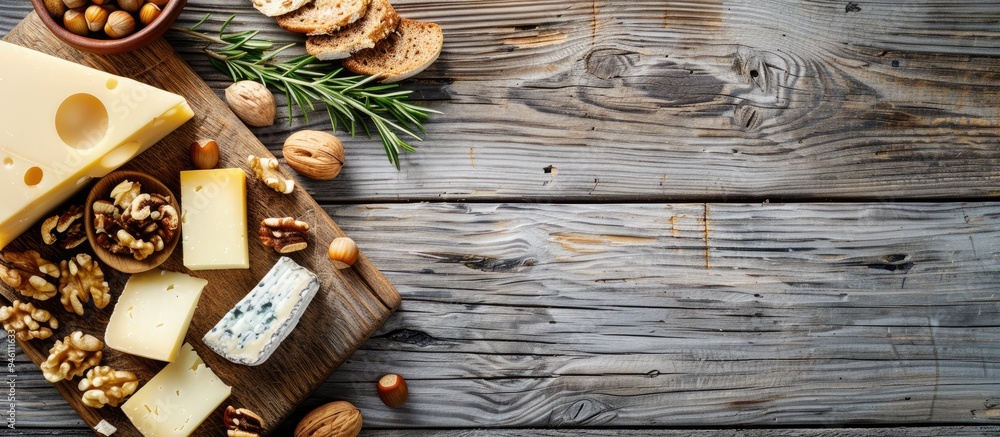 Aufkleber a selection of cheese and nuts on a cutting board set against a wooden background. copy space image.