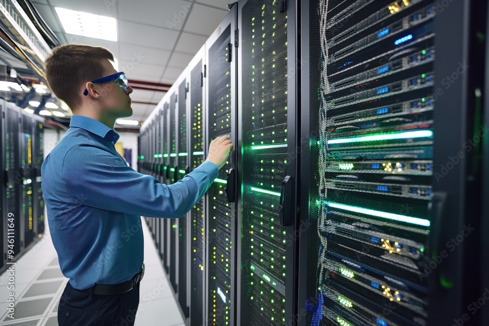 Aufkleber Young caucasian man in datacenter server room. He stands near rows of servers, network equipment, and racks. Wearing a suit, he checks computer screens and cables.