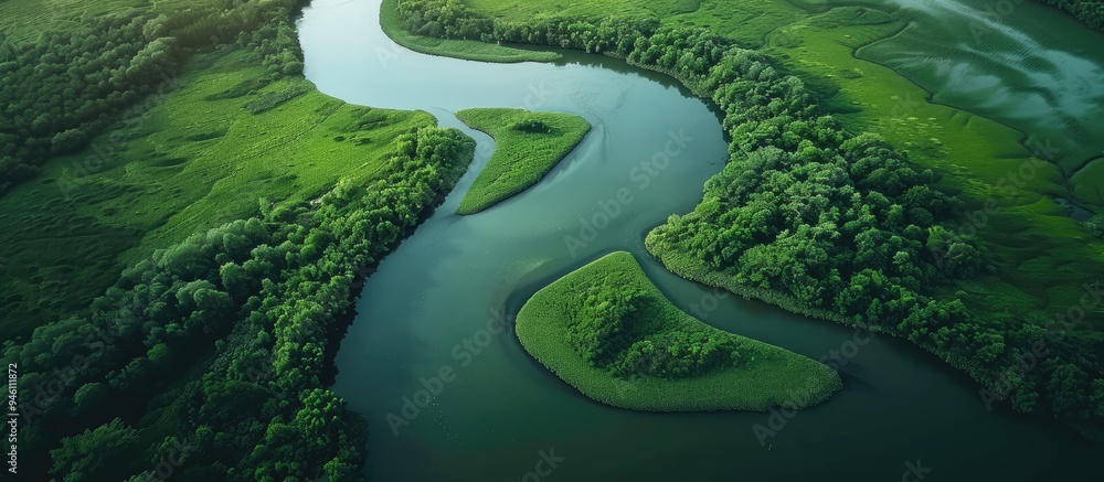 Poster bird s eye view of a winding river. copy space image. place for adding text and design