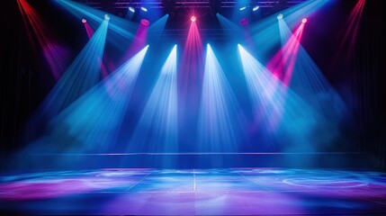 Empty stage dramatically lit by vibrant blue and purple spotlights creating a hazy glow. Anticipation builds for the upcoming performance under intense lighting. Bright colors illuminate the venue.