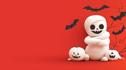 Cute Halloween decoration featuring a friendly ghost with pumpkins and bats against a vibrant red background.
