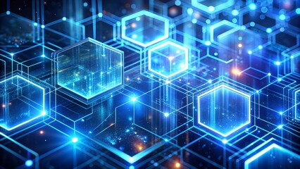 Abstract tech background with neon blue hues and holographic interface details