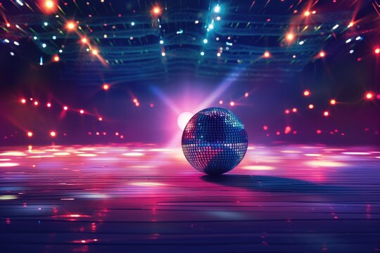 80s disco scene without people. Disco ball shines on empty dance floor surrounded by colorful retro lights. Glittery club atmosphere with vintage style.