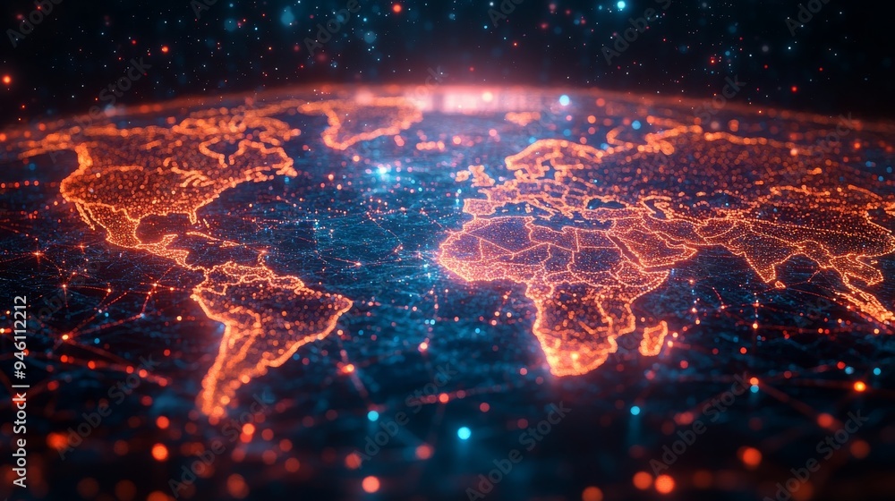 Poster a detailed holographic display illustrates global internet usage patterns, showcasing real-time conn