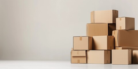 Stacked cardboard boxes on a plain background represent moving or storage organization. Neatly arranged pile of brown boxes for relocation, shipping, and packing.