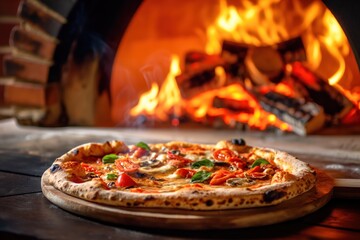 Delicious hot Italian pizza in front of a charcoal oven with burning flames. Rustic traditional Italian food for eatery meal dinner pizzeria restaurant. Tasty cheese baked fast food Italy cuisine
