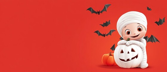 Cheerful cartoon character in a mummy costume with a pumpkin, surrounded by bats, perfect for Halloween-themed designs.