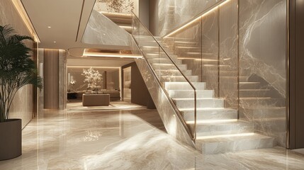 Obraz premium Modern Interior Design with Marble Staircase and Glass Railing