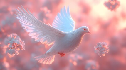 Fototapeta premium White Dove in Flight, Pink Flower Background.