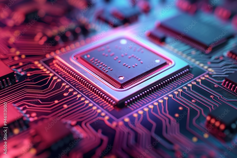 Poster close-up illustration of electronic component on circuit board. digital microchip, processor, comput
