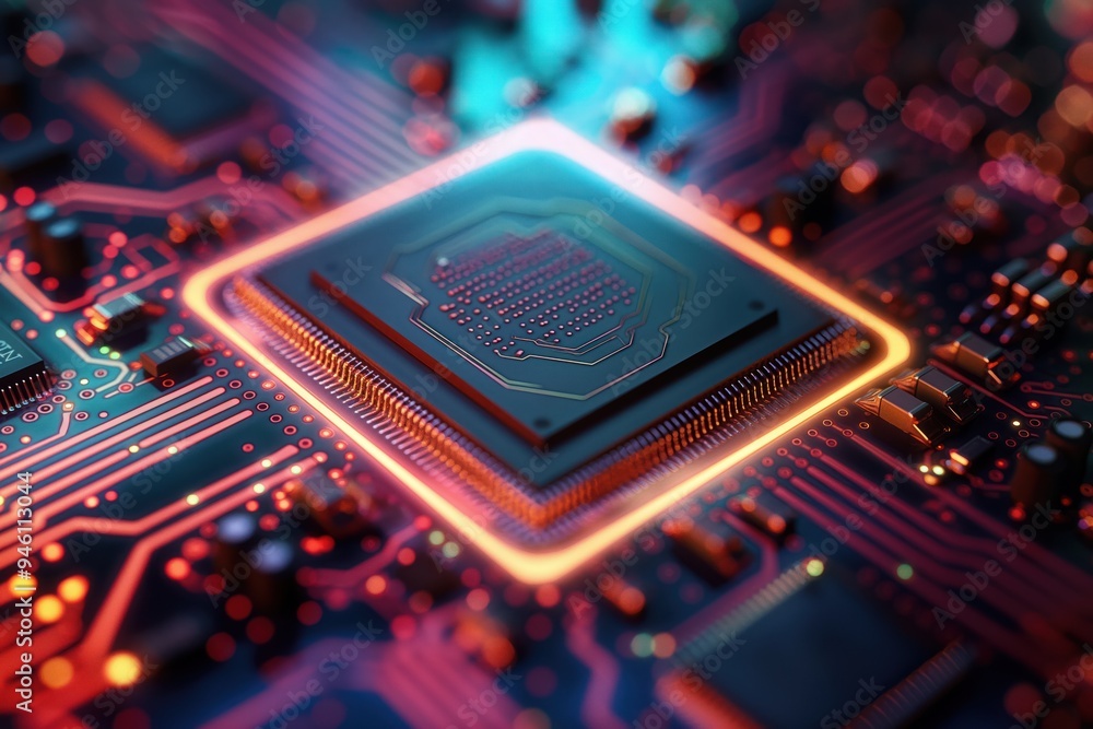 Fototapete close-up of electronic chip on circuit board. microchip is central component of motherboard. digital