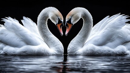 Fototapeta premium Two swans forming a heart with intertwined necks amidst tranquil water