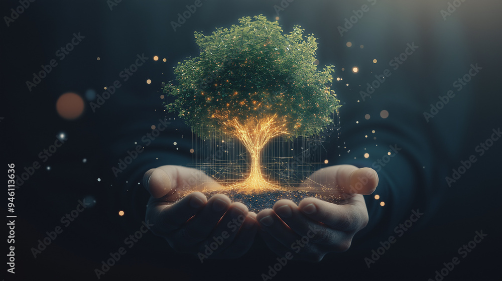 Poster a glowing tree representing ideas, with branches formed by light and energy. hands are seen nurturin