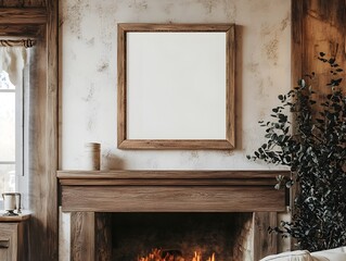 Cozy Farmhouse Living Room Mockup with Rustic Wooden Frame Soft Focused Fireplace and Impressionist Brushwork in Rich Tones