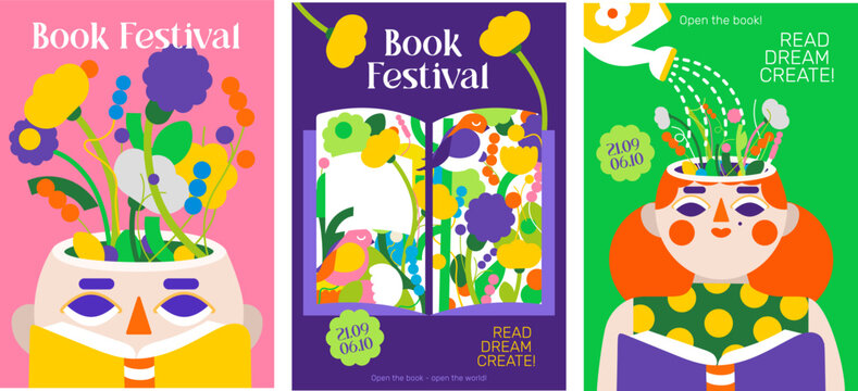 Colorful and bright posters of the book festival. Flowers symbolize knowledge and development. The design invites everyone to explore the limitless world of literature!