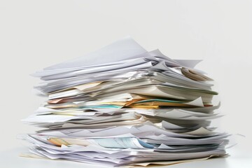 Pile of documents, papers, files on white surface. Stacked books, folders, binders in row. Business, corporate paperwork, records, reports. Blue, red labels, organized, ordered, yet disorganized,