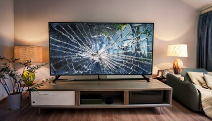 A broken television screen in the living room, material damage