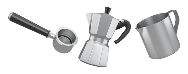 Set of espresso coffee machine horn, pitcher cup and geyser coffee make on white background. 3d render of coffee pot for making latte coffee