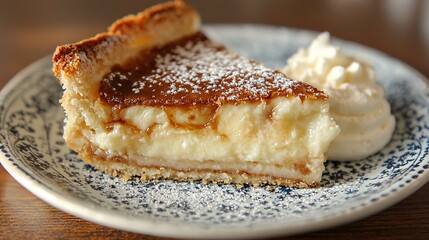   A slice of cheesecake sits atop a blue-white platter, topped by a scoop of ice cream