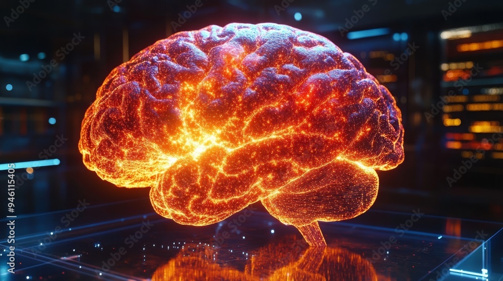 Poster a dynamic holographic representation of the human brain glows with vibrant energy in a high-tech env