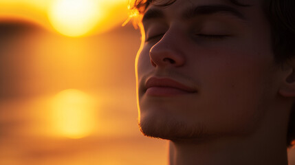 Close-up of a man with closed eyes, a slight smile on his face, basking in the warm golden light of a sunset, his skin glowing softly, capturing a moment of pure tranquility