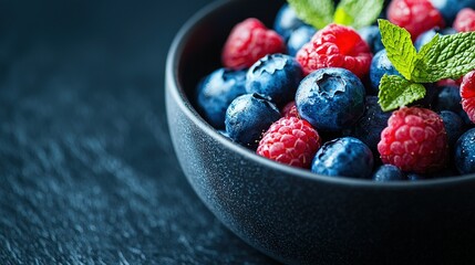   A bowl of mixed berries and mint on a dark background