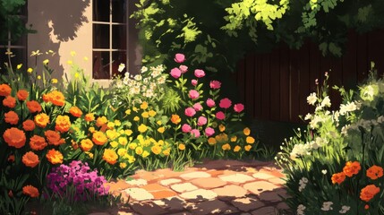 Obraz premium Sunlit Garden with Vibrant Flowers