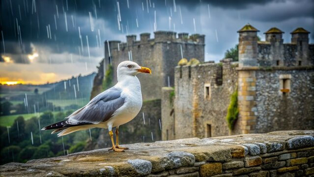 A lone seagull perches on the crumbling battlements of a medieval castle, its feathers ruffled by the wind as the rain pours down