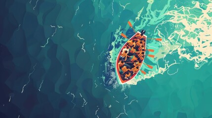 International Migrants Day. Horizontal banner. Free space for text. Flat illustration. Boat with refugees in the sea. Problems of wars and poverty. Immigration concept