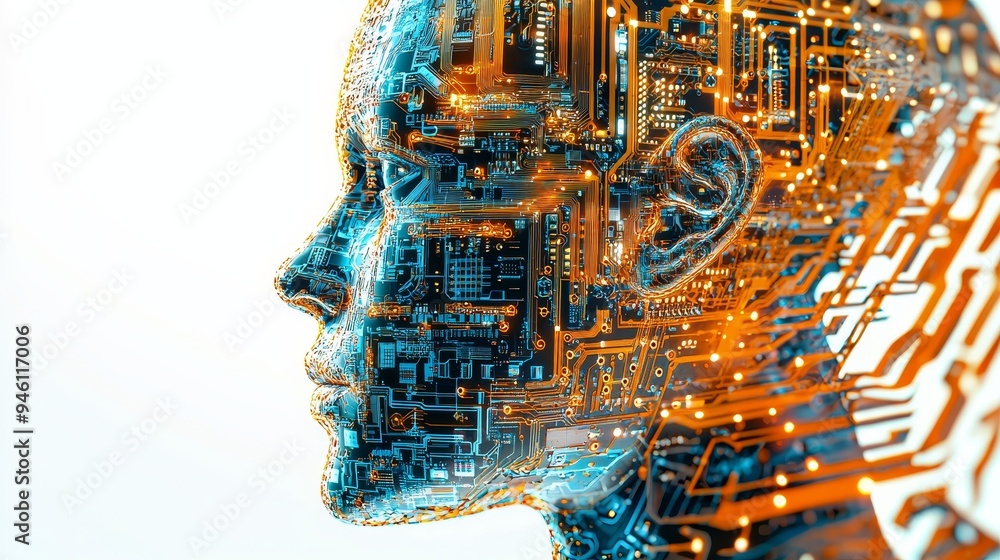Poster stock image. computer connections head. human head with circuit board inside. engineering concept. t