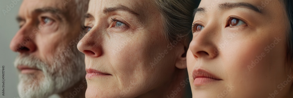 Poster three individuals of varying ages and backgrounds display deep contemplation with serious expression