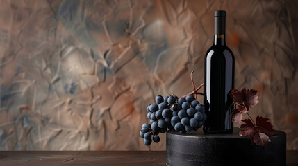 wine bottle with black grapes on the copper background, mockup