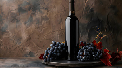 wine bottle with black grapes on the copper background, mockup