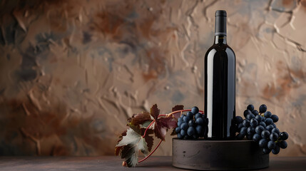 wine bottle with black grapes on the copper background, mockup