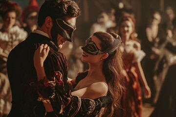 A couple dances intimately at a lavish masquerade ball filled with elegantly dressed guests in historic costumes