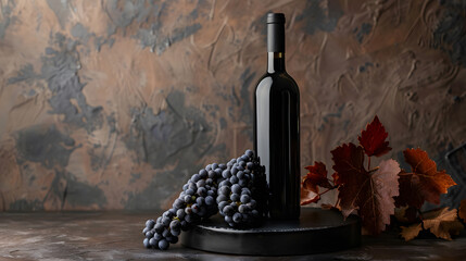 wine bottle with black grapes on the copper background, mockup