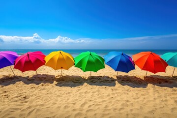 A row of colorful umbrellas on a beach