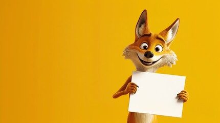 A cute cartoon coyote holding a white mock up card, yellow background, copy space for text, funny, cheeky