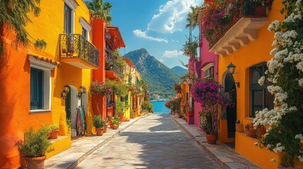 Fototapeta premium Brightly painted buildings along a sunny street