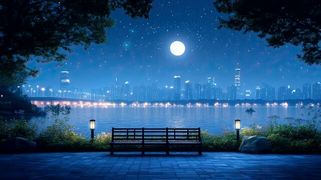 Empty bench by riverside under full moon with city skyline in the distance, reflecting lights on calm water. Seamless looping 4k time-lapse animation video background
