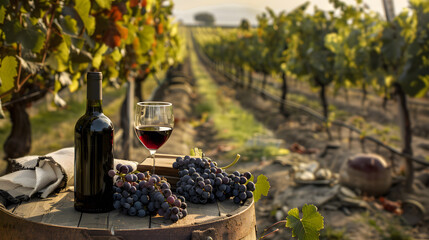 wine bottle and glass with grapes in vineyard, landscape with sunlight poster	