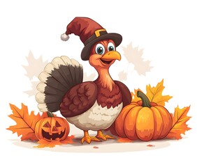 A cartoon turkey wearing a pilgrim hat with pumpkins and fall leaves.
