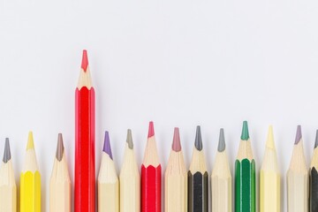 A red pencil stands out from a row of colored pencils.
