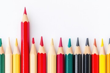 A red pencil stands out from a row of colored pencils.
