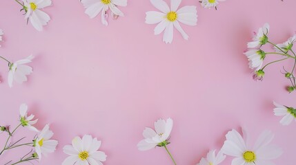 Fototapeta premium White minimalist romantic flower background. A serene and elegant display of delicate blooms against a pure white backdrop. Symbolizing simplicity and beauty.