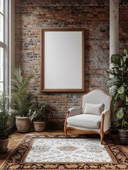 Cozy Farmhouse Living Room with Mockup Frame Exposed Brick Accent Wall Plush Area Rug Antique Armchair and Potted Plants   Natural Textures and Homespun Charm
